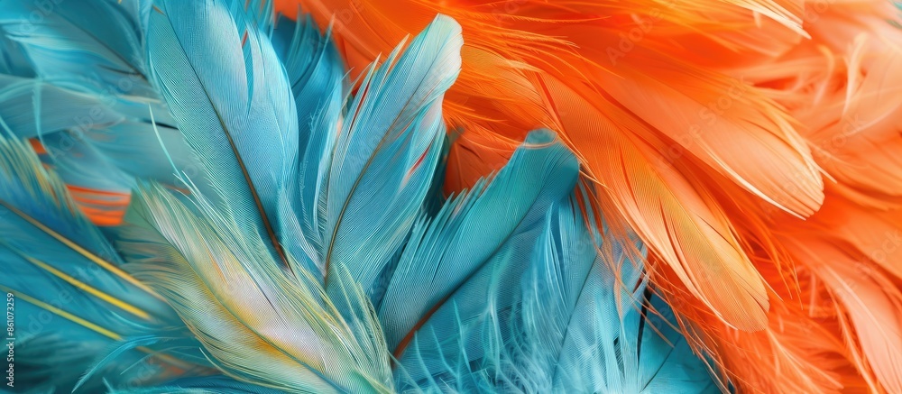 Poster green turrquoise and blue color trends chicken feather texture background,light orange. copy space i