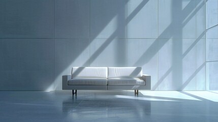 Studio wall shot from below, naturally lit, with sleek design and a compact sofa.