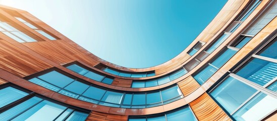 Modern art curved building with empty brick square against clear sky background. Copy space image. Place for adding text or design