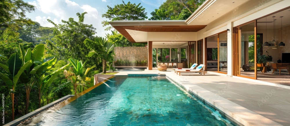 Poster exterior and interior design showing tropical pool villa. with copy space image. place for adding te