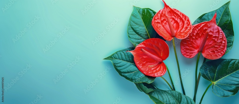 Poster red anthurium isolated on pastel background flower. with copy space image. place for adding text or 