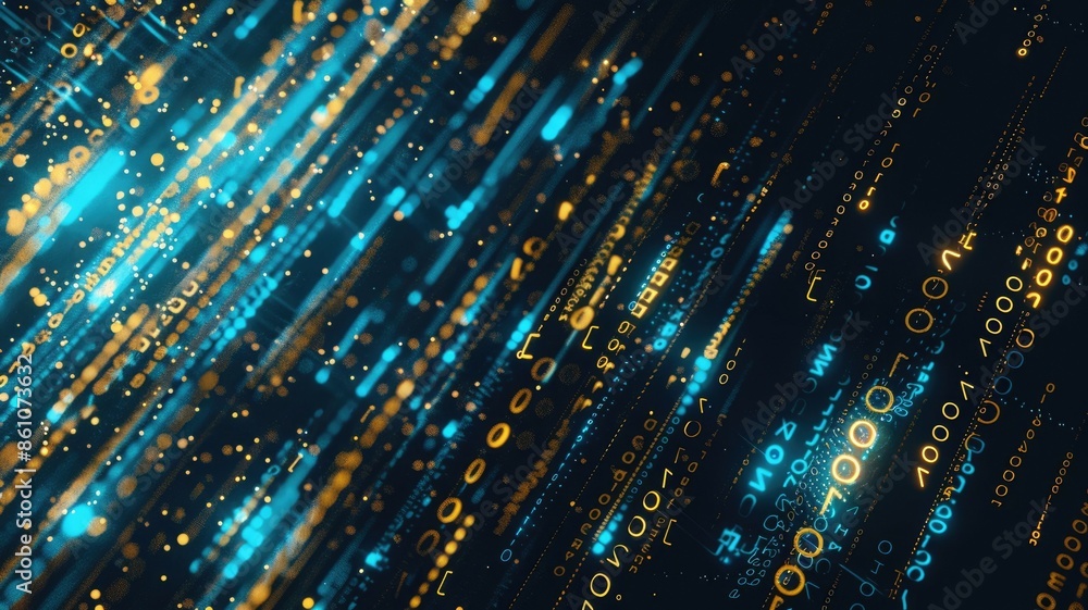 Aufkleber abstract digital data stream with binary code in blue and yellow, representing technology and connec