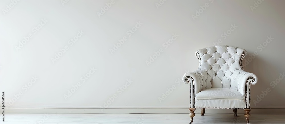 Poster ancient white leather armchair whit white wall background. with copy space image. place for adding t