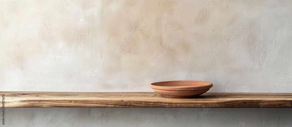Aufkleber a clay plate is on a wooden shelf. with copy space image. Place for adding text or design