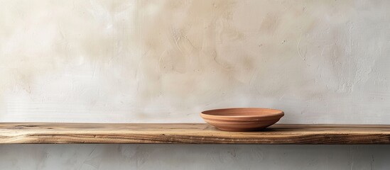 a clay plate is on a wooden shelf. with copy space image. Place for adding text or design