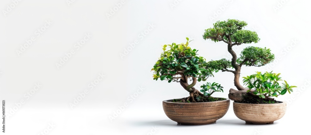 Poster small bonsai plants in pots are a hobby for decorating the garden isolated on white background. copy
