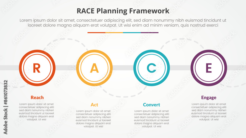 Aufkleber race framework infographic concept for slide presentation with big outline circle on horizontal line