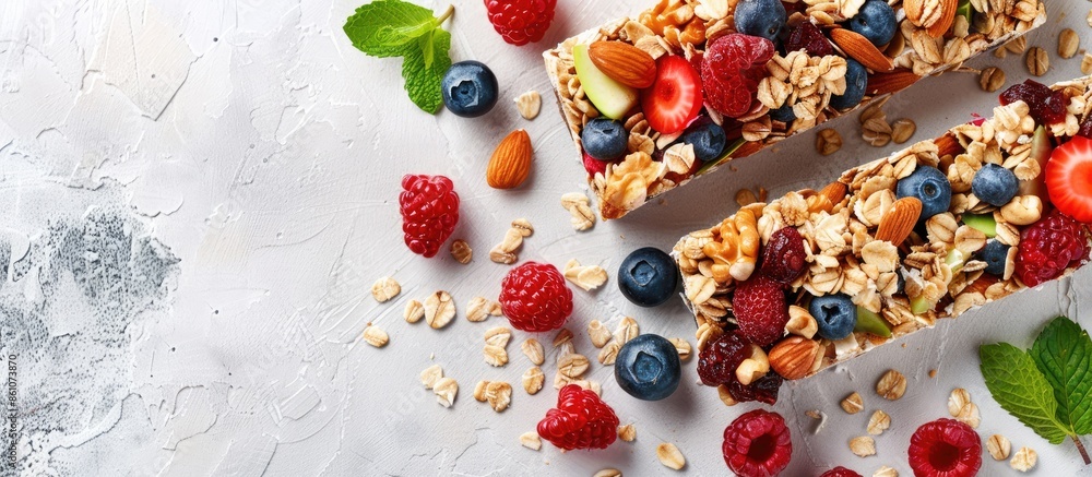 Poster granola bar and ingredients on a white stone table. cereal granola bar with nuts, fruit and berries.