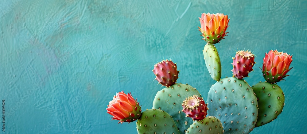 Aufkleber Prickly pear cactus with five fruits on it pastel background. with copy space image. Place for adding text or design