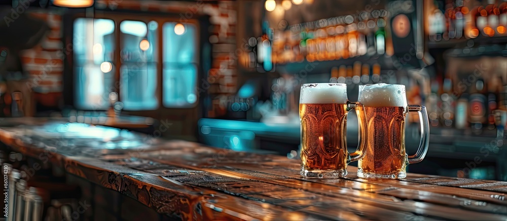 Poster Cold glasses of beer in a bar. with copy space image. Place for adding text or design