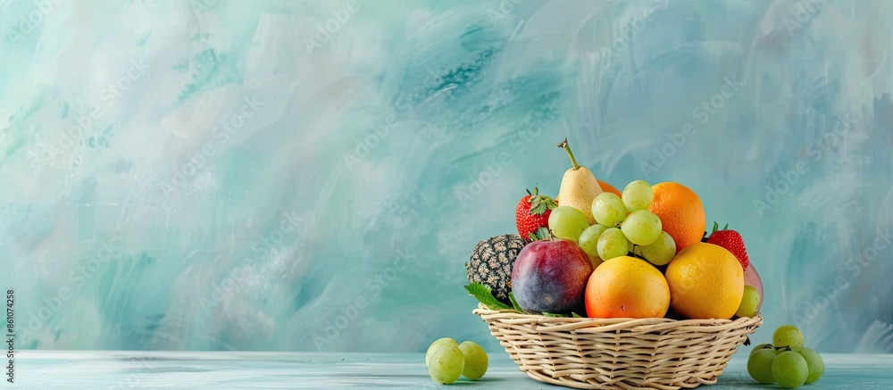 Leinwandbilder fresh colorful fruit in the basket pastel background. with copy space image. place for adding text o