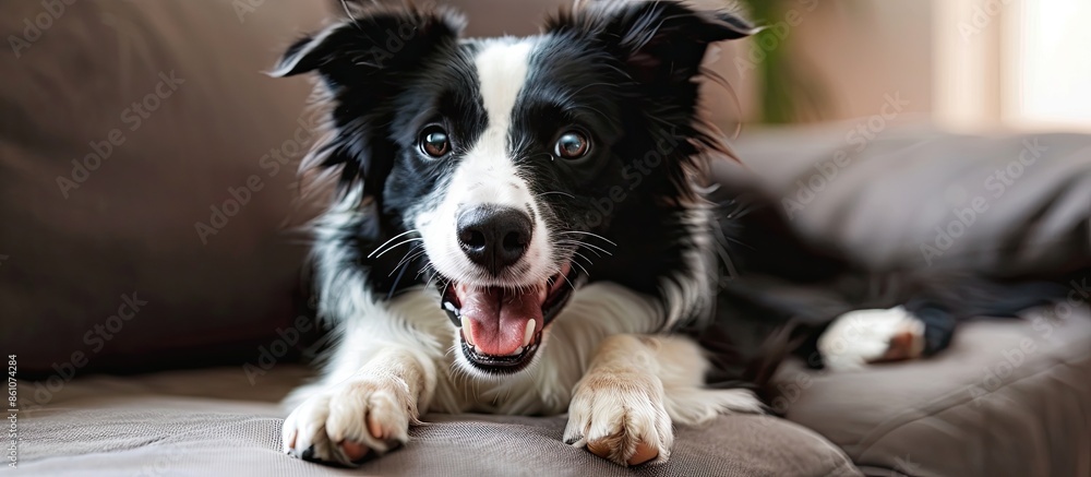 Poster funny border collie dog portrait indoors, wide angle. with copy space image. place for adding text o