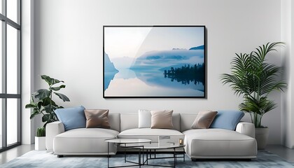 Modern Living Room Interior Design with a Mountain Lake Canvas