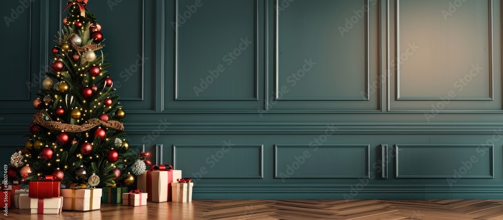 Poster beautiful home decorated christmas tree with sata,baubles and gift boxes,christmas background. with 