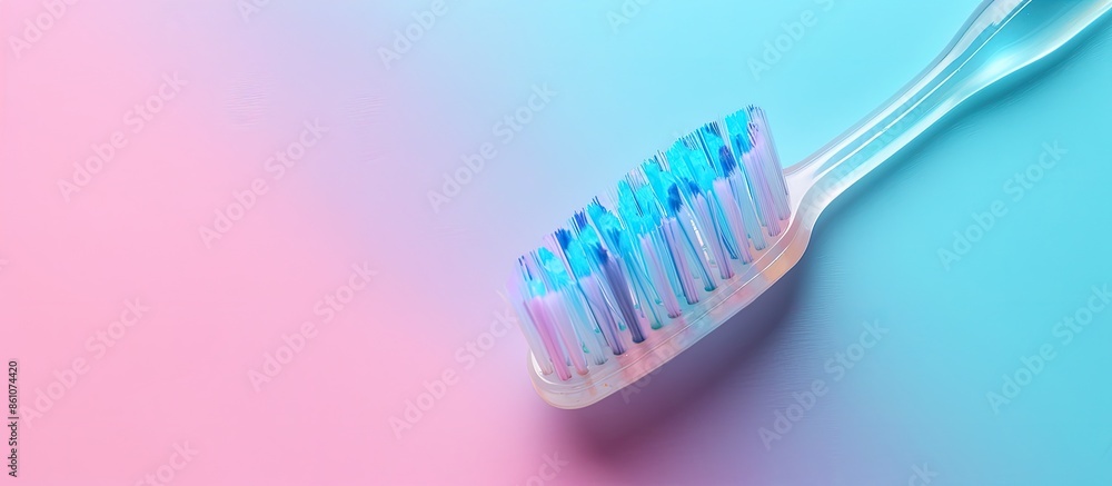 Poster Toothbrush on a pastel background with selective focus and crop fragment. with copy space image. Place for adding text or design