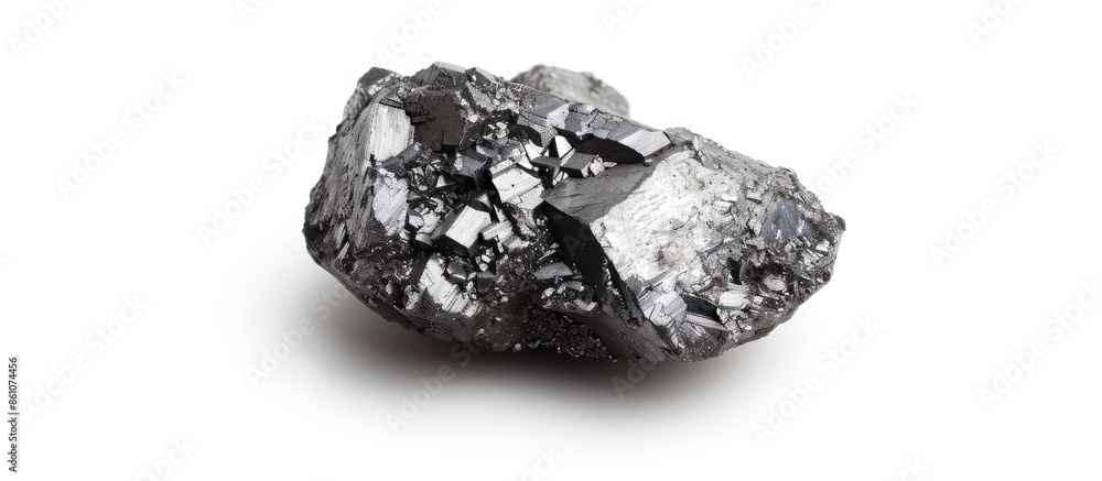 Poster Macro shoot of piece of nickel metal ore isolated on a white background. Closeup photo of amazing shiny mineral rough. Copy space image. Place for adding text or design