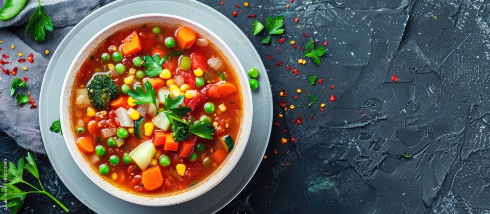 Aufkleber Minestrone soup from zucchini and tomato, onion and carrots, corn and peas with parsley, a plate of soup close-up, vegetarian soup. Copy space image. Place for adding text or design