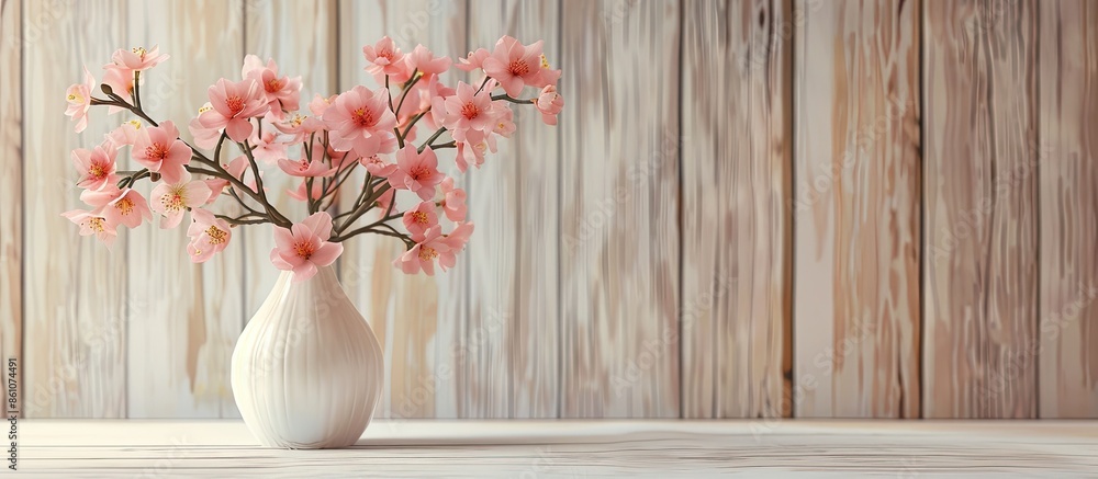 Leinwandbilder artificial pink flowers in a vase on wood . with copy space image. place for adding text or design
