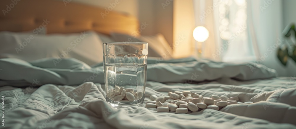 Poster sleeping pills and a glass of water prepared for a calm and sound sleep on the bedside table in the 