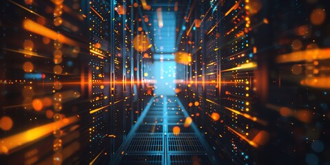 Fototapeta premium wallpaper of a data center room, hall of data server, technology, digital, light, business, data, design, computer, illustration, internet, futuristic, 2:1