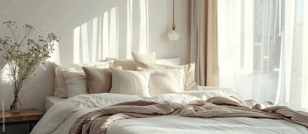 Poster double bed with pillows in interior of the modern bedroom in loft flat in light color style of expen