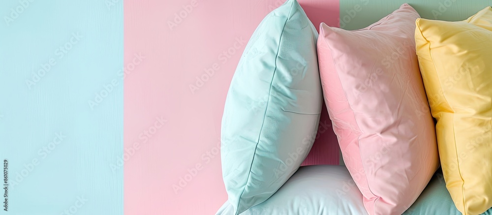 Aufkleber Set of soft pillows isolated on pastel background  Design. with copy space image. Place for adding text or design