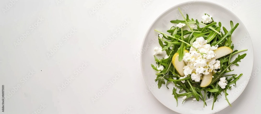 Poster salad with arugula, pear and cottage cheese, white background, healthy food. with copy space image. 