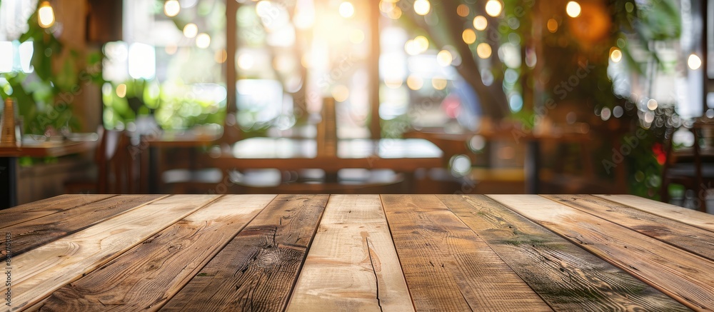 Poster Selected focus empty brown wooden table and Coffee shop or restaurent blur background with bokeh image. for your photomontage or product display. with copy space image