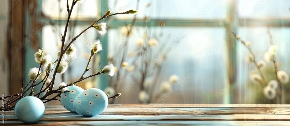 Poster easter decoration, eggs, pussy-willow branches on a wooden surface on a window background. with copy