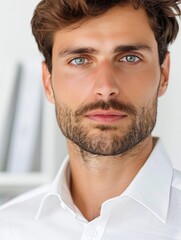 Fototapeta premium Man with Striking Blue Eyes and Well-Groomed Beard in Professional Setting