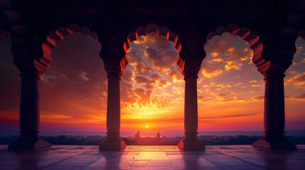 Indian arch silhouette in old temple at dramatic sunset