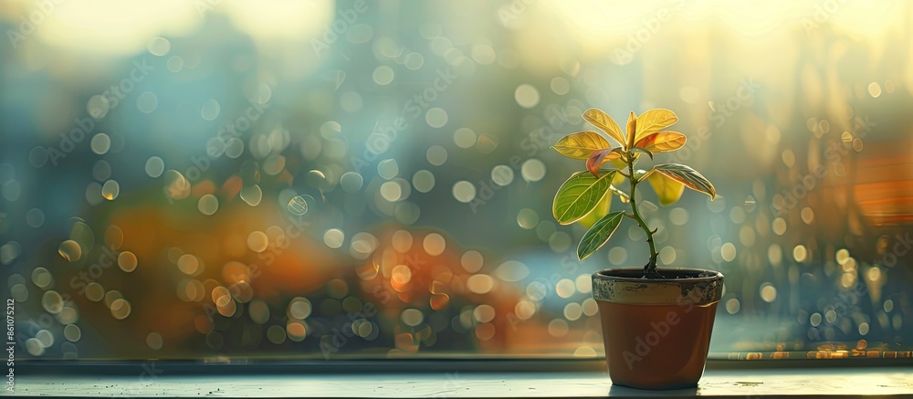 Fototapete money tree flower in a pot on the windowsill. with copy space image. place for adding text or design