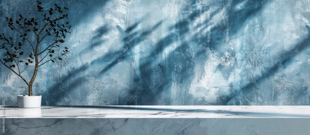 Aufkleber white marble table with tree shadow on blue concrete wall texture background, suitable for product p