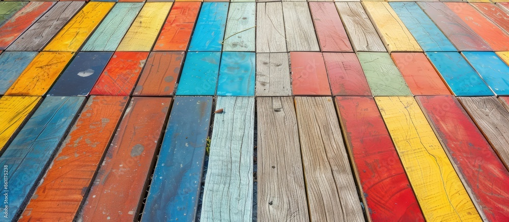 Poster a vertical high angle shot of a wooden ground with vertically arranged tiles pastel background. with