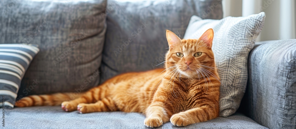 Poster cute red cat sitting on grey couch at home. with copy space image. place for adding text or design
