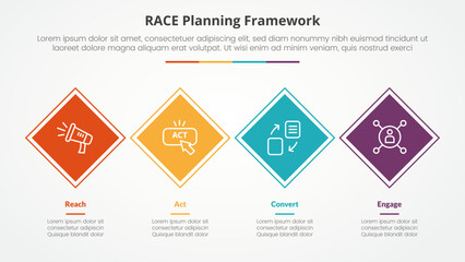 RACE framework infographic concept for slide presentation with rotated square or diamond shape horizontal direction with 4 point list with flat style