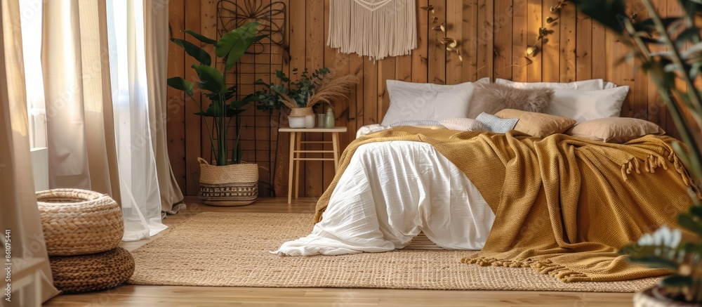 Poster beautiful bedroom in new luxury home with some decor. with copy space image. place for adding text o