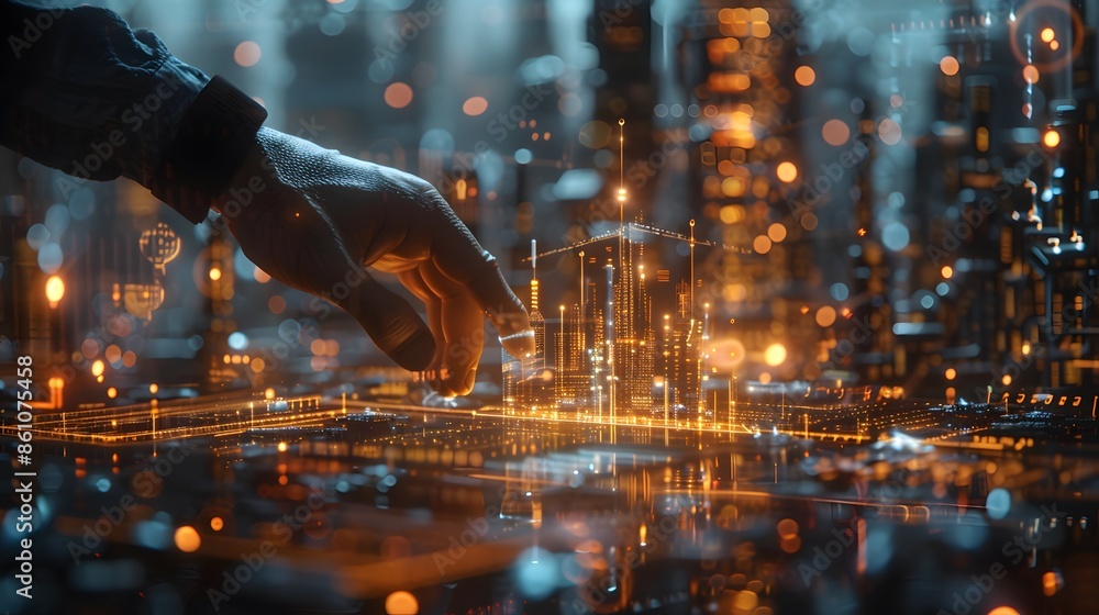 Poster future city network concept close-up cybersecurity business man shows how to protect cyber technolog