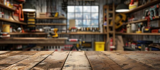 Fototapeta premium Shop for selling electric tools. Drills, screwdrivers, electric saws, grinder. Defocused, blurred image. In the foreground is the top of a wooden table, counter. with copy space image