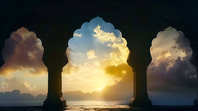 Indian arch silhouette in old temple at dramatic sunset