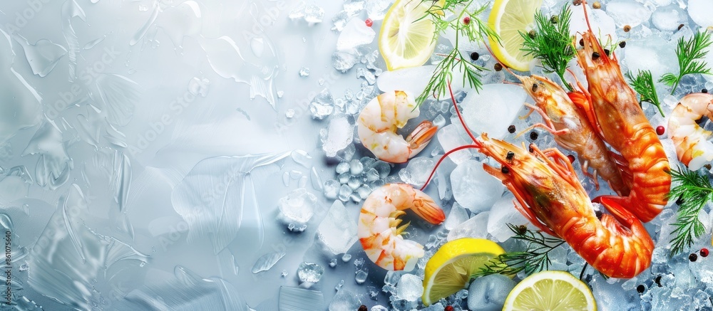 Aufkleber Seafood raw material with overhead view on the ice.Top view frozen mediterranean food and ingreident herb such as lemon ,dill, parsley. with copy space image. Place for adding text or design
