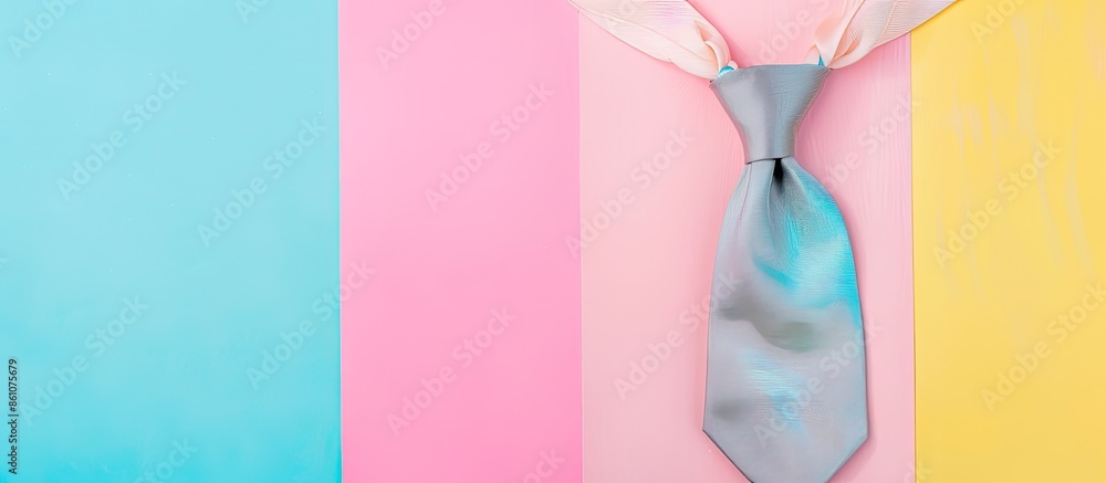 Poster gray gift tie on colorful background pastel background. with copy space image. Place for adding text or design