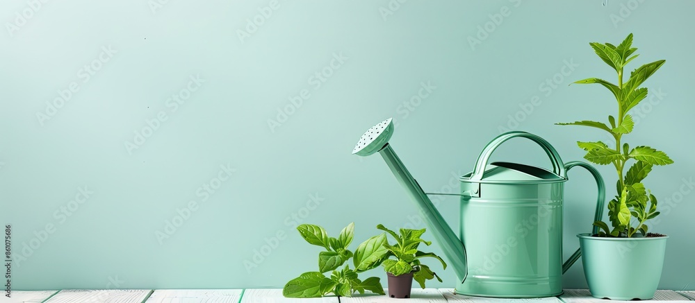 Aufkleber Small plantings with watering can pastel background. with copy space image. Place for adding text or design