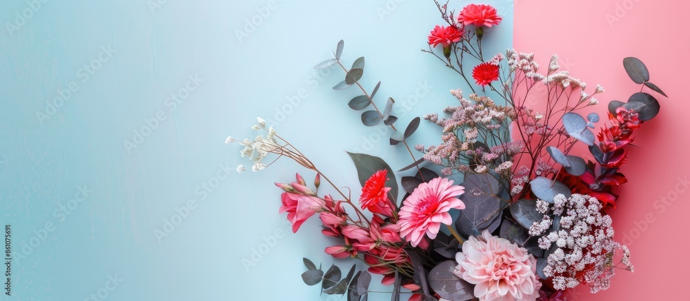 Poster Wedding bouquet of flowers on the isolated on pastel background with a space for writing in the left corner. with copy space image. Place for adding text or design