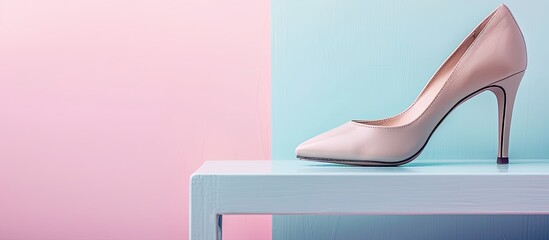 graycreamy women's shoes without sock on highheels on a table in a shoe store pastel background. with copy space image. Place for adding text or design
