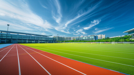 Outdoor Sports Stadium with Running Track and Football Field on Sunny Day