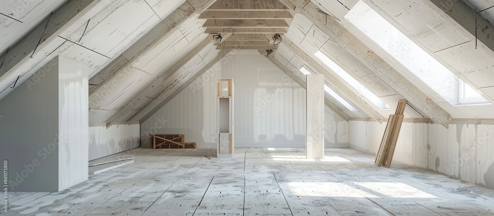 Poster modern attic construction site freshly painted, the floor is still screed, walls are white. with cop