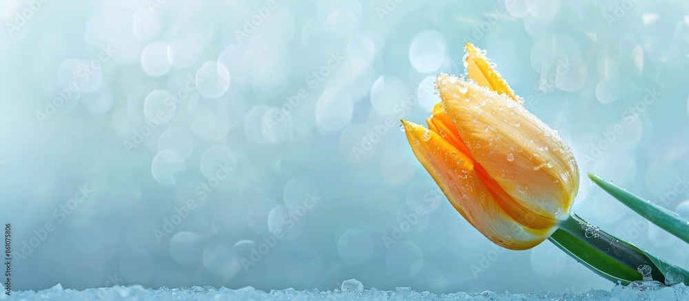 Leinwandbilder yellow tulip, frozen in ice pastel background flower. with copy space image. place for adding text o