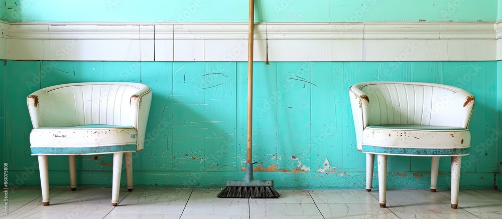 Poster motel room with broom in corner and two aqua and white vintage chairs pastel background. with copy s