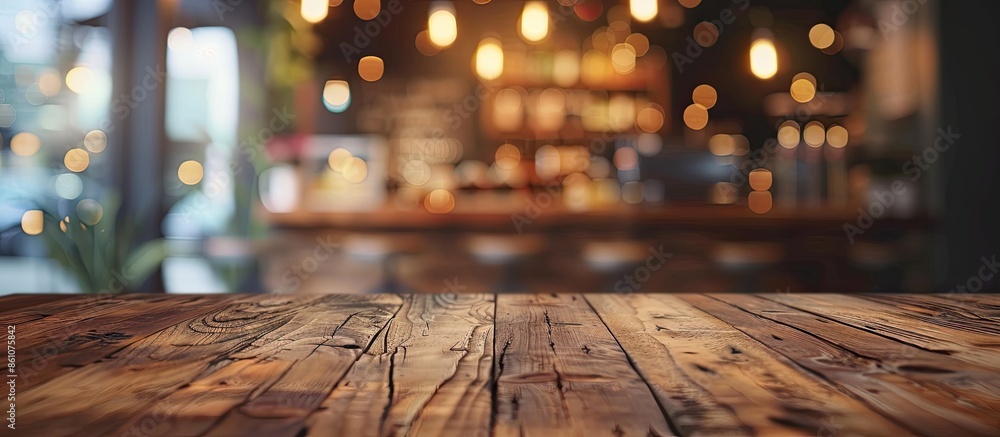 Aufkleber Coffee shop blur background with bokeh and brown wood table image. with copy space image. Place for adding text or design